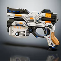 Futuristic Sci Fi Pistol With White Blue Orange Accents And Wooden Grip Design