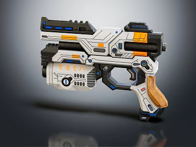Futuristic Sci Fi Pistol With White Blue Orange Accents And Wooden Grip Design 3d model