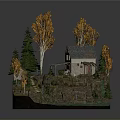 Rural Landscape Model With Stone House Orange Leaved Trees Green Pines Pathway And Water Area