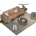 Modern Brown Leather Sofa and Coffee Table Set with Green Plants Pillows and Area Rug