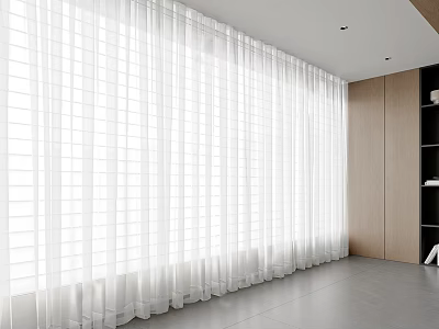 White Sheer Curtains In Spacious Interior With Wooden Wall And Gray Tile Floor 3d model