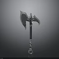 Fantasy Metallic Axe With Blue Gemstone And Ornate Carved Handle Design