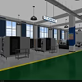 School Fitter Training Zone Featuring Green Floor Workbenches Blue Pillars And Equipment