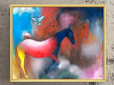 Colorful Animal Painting With Running Horses And Flying Bird In Vibrant Background 3d model