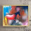 Colorful Animal Painting With Running Horses And Flying Bird In Vibrant Background