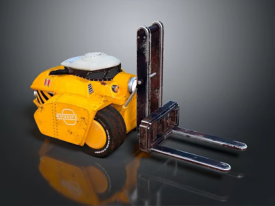 Yellow Industrial Forklift Vehicle With White Top And Metallic Forks On Reflective Surface 3d model