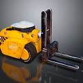 Yellow Industrial Forklift Vehicle With White Top And Metallic Forks On Reflective Surface