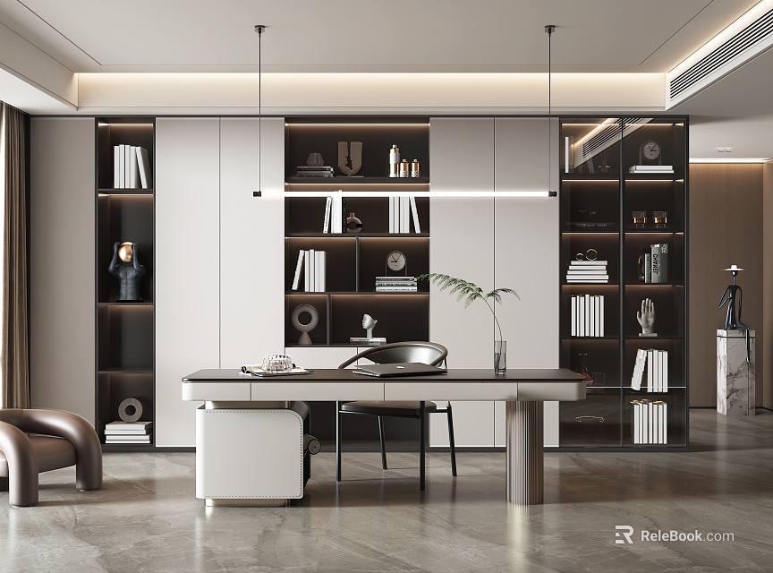 Modern Study Room Interior Design With Bookshelves Desk Chair And Decorative Plants 3d model 