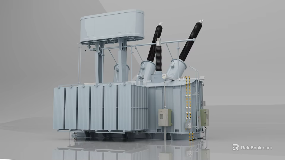 High Voltage Industrial Power Transformer With Cooling Fins And Insulation Bushings 3d model 