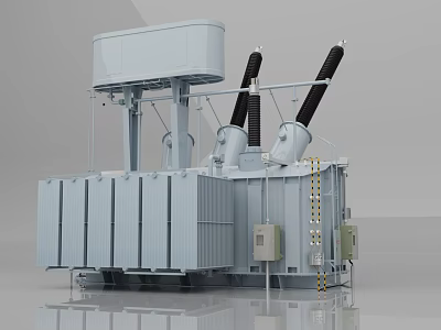 High Voltage Industrial Power Transformer With Cooling Fins And Insulation Bushings 3d model
