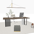 Modern Desk and Chair Combination Finished Desk Office Chair Chandelier Desktop Computer Carpet Green Plant 3d model