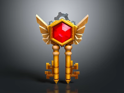 Decorative Key Accessory With Golden Wings Gear Red Gemstone And Double Keys 3d model