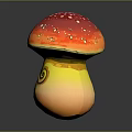 Colorful Vegetable Themed Mushroom Sculpture Featuring Red Cap With White Spots and Yellow Spiral Stem