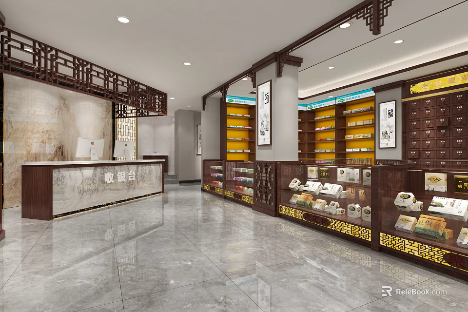 Traditional Chinese Medicine Specialty Store Interior With Wooden Counters Display Cabinets And Medicine Shelves 3d model 