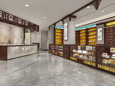 Traditional Chinese Medicine Specialty Store Interior With Wooden Counters Display Cabinets And Medicine Shelves 3d model
