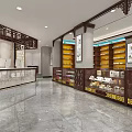 Traditional Chinese Medicine Specialty Store Interior With Wooden Counters Display Cabinets And Medicine Shelves