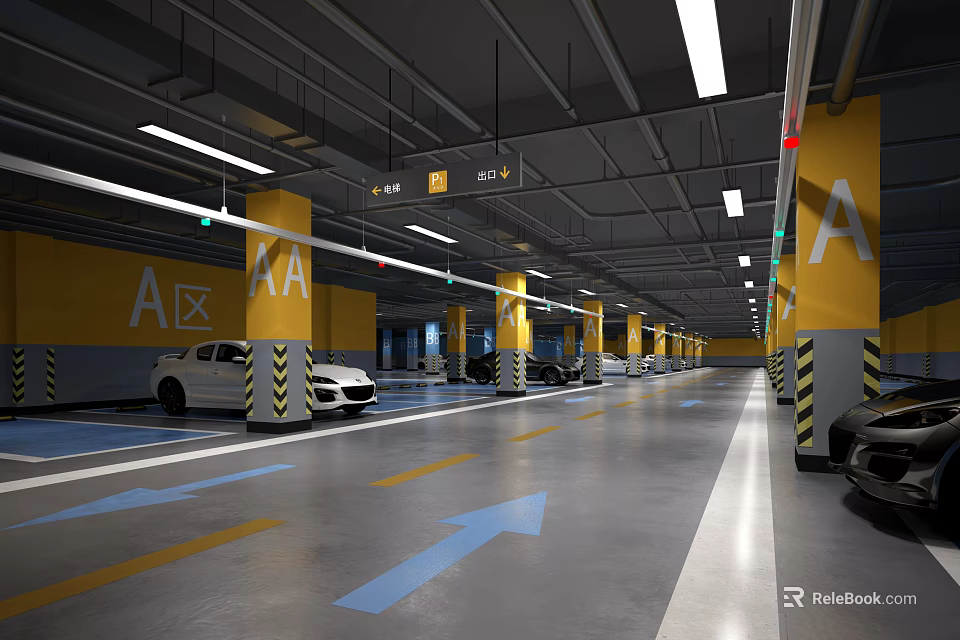 Modern Parking Garage Interior With Yellow Pillars Area A Signage Parked Vehicles And Directional Arrows 3d model 
