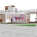 Modern Container Cafe With Transparent Windows Terrace Tables Chairs Umbrellas And Green Plants