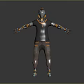Game Movie Character with Metallic Helmet Gray Bodysuit Orange Blue Accents Mechanical Armor Standing Pose