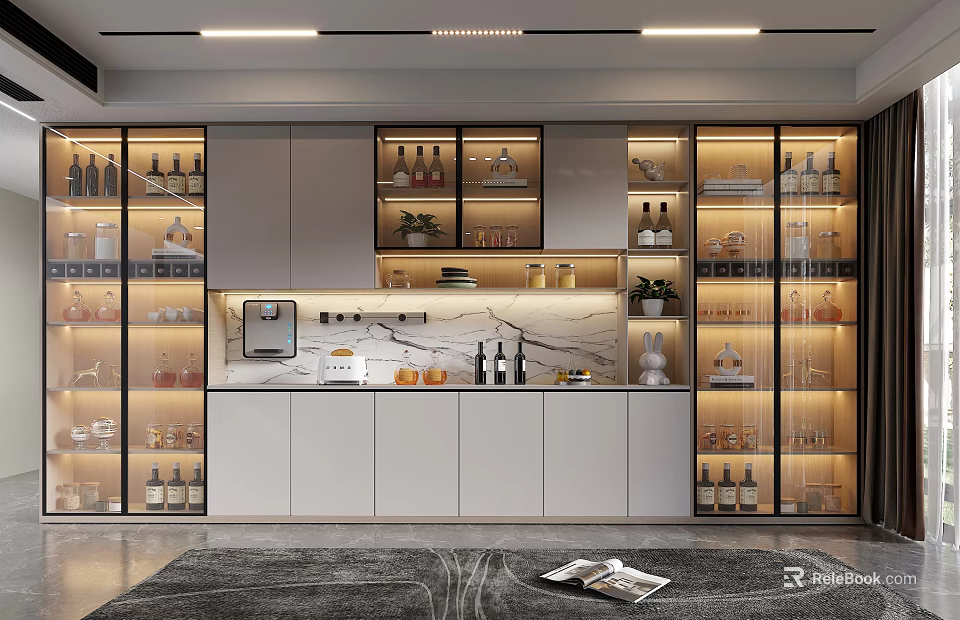 Modern Wine Cabinet Design With Glass Doors Lighting And Marble Countertop 3d model 