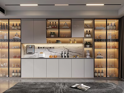 Modern Wine Cabinet Design With Glass Doors Lighting And Marble Countertop 3d model