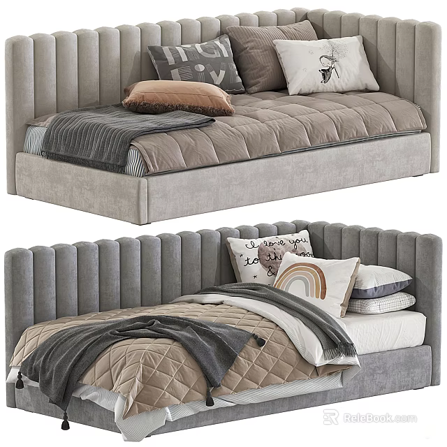 Stylish Gray Bed Designs With Ribbed Headboard Decorative Pillows Blankets And Quilts 3d model 