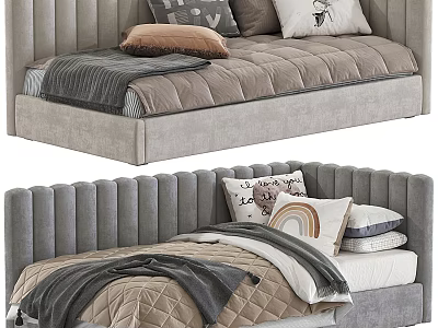Stylish Gray Bed Designs With Ribbed Headboard Decorative Pillows Blankets And Quilts 3d model