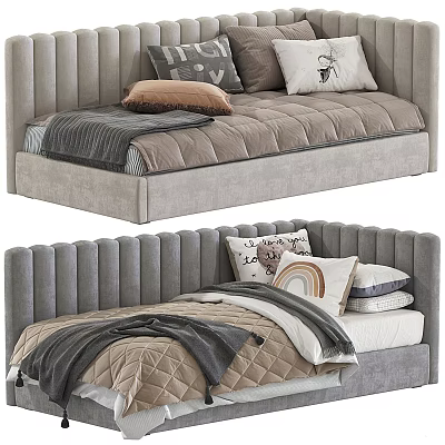 Stylish Gray Bed Designs With Ribbed Headboard Decorative Pillows Blankets And Quilts 3d model
