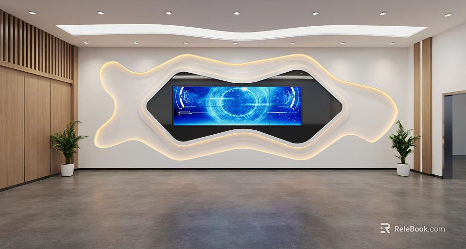 Modern Tech Interior Design With Curved Light Strip And Blue Display Screen 3d model 