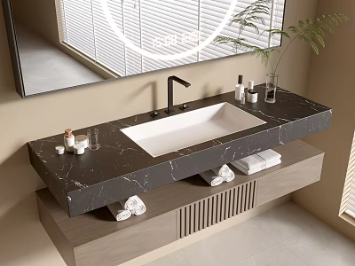 Modern Bathroom Vanity With Black Marble Countertop White Sink And Illuminated Mirror 3d model