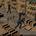 Workers Organizing Hay Bales On Wooden Shelves In Warehouse Storage Area