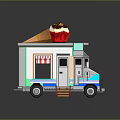 Colorful Food Truck With Large Cupcake On Top Wooden Steps And Blue Stripes
