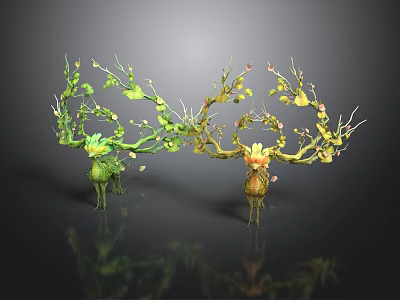 Decorative Plant Sculptures with Green Leaves Yellow Blooms Deer Shaped Structure on Reflective Dark Background 3d model