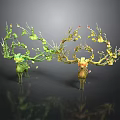 Decorative Plant Sculptures with Green Leaves Yellow Blooms Deer Shaped Structure on Reflective Dark Background