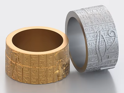 Gold and Silver Jewelry Rings Wide Band with Ancient Egyptian Hieroglyphic Carvings 3d model