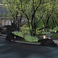 Rockery Stones In Serene Pool With Tree Reflections And Greenery