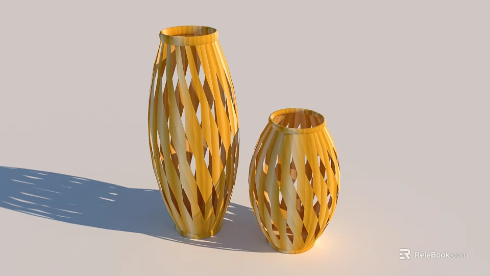 Elegant Golden Flower Vases Featuring Hollow Diamond Pattern And Two Sizes 3d model 