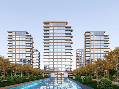 Modern High Rise Residential Apartments With Swimming Pool And Lush Greenery 3d model