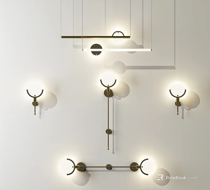 Modern Minimalist Lighting Combination With Pendant Lights Wall Sconces And Circular Shades 3d model 