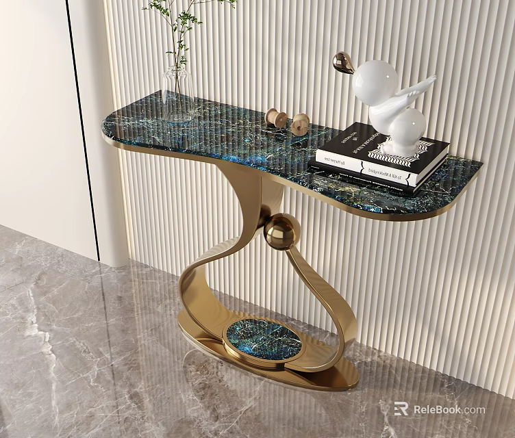 Modern Console Table With Golden Curved Base Blue Patterned Glass Top Decorative Bird And Books 3d model 