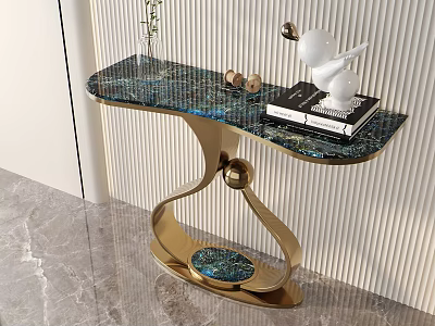 Modern Console Table With Golden Curved Base Blue Patterned Glass Top Decorative Bird And Books 3d model