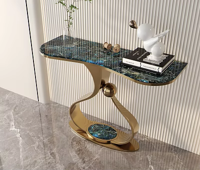 Modern Console Table With Golden Curved Base Blue Patterned Glass Top Decorative Bird And Books 3d model