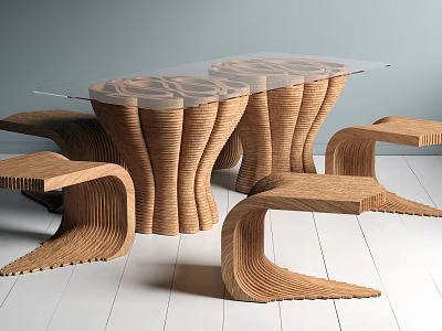 Modern Coffee Table With Glass Top Wooden Curved Wave Base And Wooden Stools 3d model