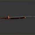 Japanese Katana Sword with Red Decorated Handle Brown Scabbard and Silver Blade on Black Background