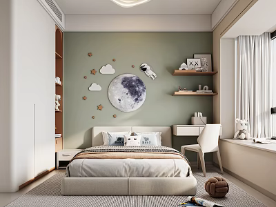 Kids Bedroom With Moon Stars Wall Decor And Cozy Design 3d model