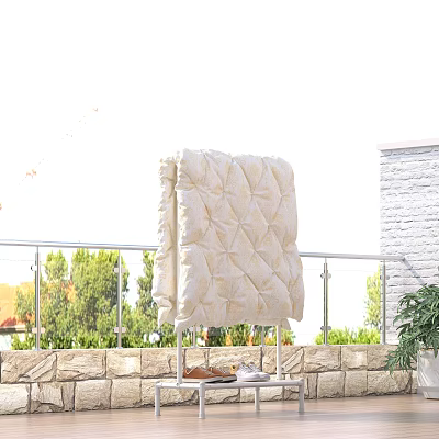 Clothes Hanger With White Diamond Pattern Quilt On Balcony With Railing And Green Plants 3d model