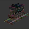 Old Fashioned Mine Cart Filled With Black Ore On Wooden Rail Track