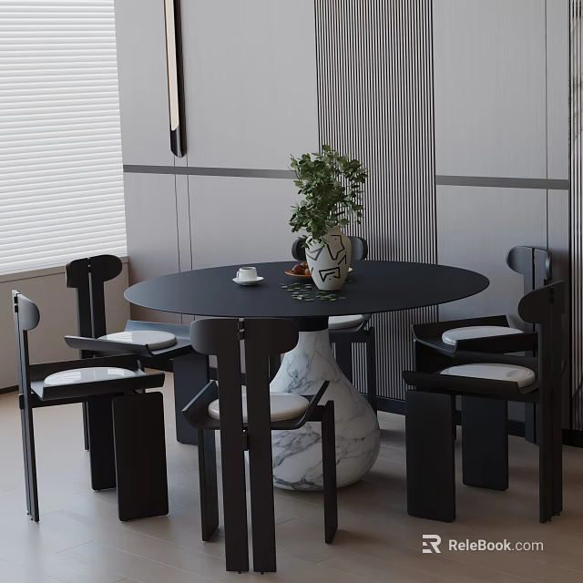 Modern Dining Table Set with Round Black Table Chairs Vase Green Plant and Cup 3d model 