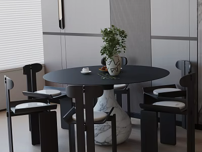 Modern Dining Table Set with Round Black Table Chairs Vase Green Plant and Cup 3d model