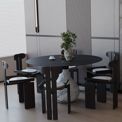 Modern Dining Table Set with Round Black Table Chairs Vase Green Plant and Cup 3d model